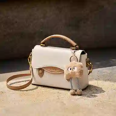 纳兰杜 时尚百搭潮流通勤休闲 牛皮拼合成革 剑桥包单肩斜挎手提包 小号 女款 白拼杏色