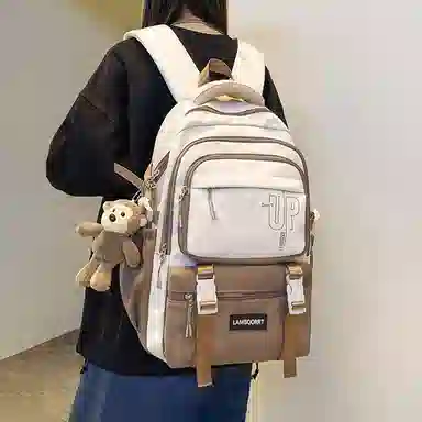 纳兰杜 撞色潮流百搭上课 织物 书包双肩包 大号 男女同款情侣款 奶茶色/酒红色/粉拼蓝