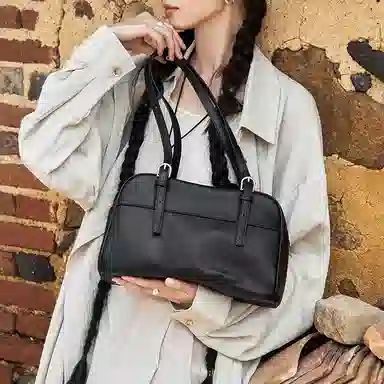 纳兰杜 小众品牌时尚保龄球包洋气百搭高级感通勤 牛皮 手提单肩包 大号 女款 植鞣黑色/植鞣棕色