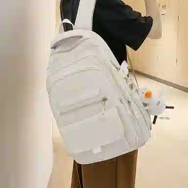 纳兰杜 大容量日系简约百搭休闲纯色高颜值 织物 书包双肩包 大号 女款 白色/黑色