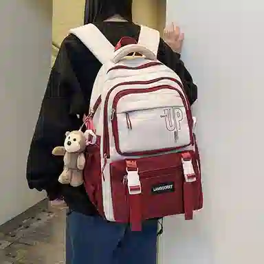 纳兰杜 撞色潮流百搭上课 织物 书包双肩包 大号 男女同款情侣款 奶茶色/酒红色/粉拼蓝