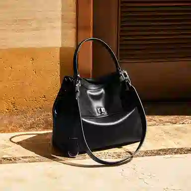 纳兰杜 高级感休闲通勤百搭简约慵懒松弛感 牛皮拼合成革 单肩手提包 中号 女款 绅士黑/米白色/大象灰