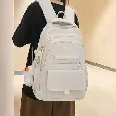 纳兰杜 大容量日系简约百搭休闲纯色高颜值 织物 书包双肩包 大号 女款 白色/黑色