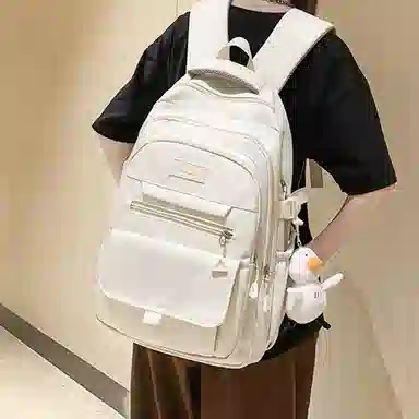 纳兰杜 大容量日系简约百搭休闲纯色高颜值 织物 书包双肩包 大号 女款 白色/黑色