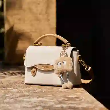 纳兰杜 时尚百搭潮流通勤休闲 牛皮拼合成革 剑桥包单肩斜挎手提包 小号 女款 白拼杏色