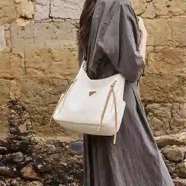 纳兰杜 高级感时尚潮流百搭 牛皮 单肩包 大号 女款 米白拼杏色