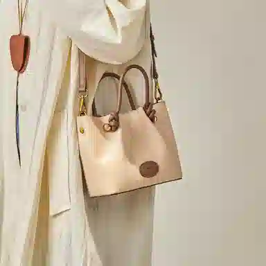 纳兰杜 时尚简约 合成革 单肩手提包 女款 米白拼棕色