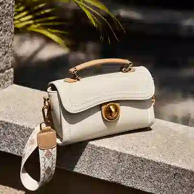 纳兰杜 时尚通勤洋气百搭简约 牛皮拼合成革 单肩手提包 女款 米白拼杏色