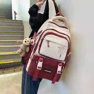 纳兰杜 撞色潮流百搭上课 织物 书包双肩包 大号 男女同款情侣款 奶茶色/酒红色/粉拼蓝