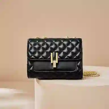 纳兰杜 菱格链条小香风潮流百搭 牛皮拼合成革 斜挎包 小号 女款 黑色/米白色