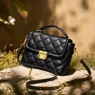 纳兰杜 小香风菱格时尚百搭精致优雅大方通勤 牛皮拼合成革 单肩斜挎手提包 中号 女款 米白色/子夜黑