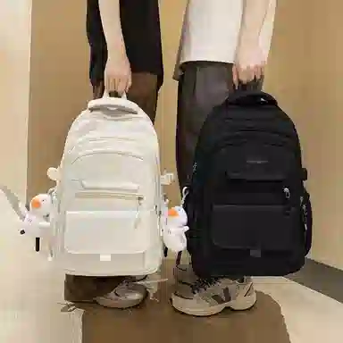 纳兰杜 大容量日系简约百搭休闲纯色高颜值 织物 书包双肩包 大号 女款 白色/黑色