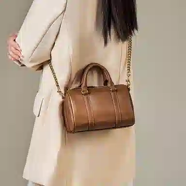 纳兰杜 复古时尚百搭质感简约休闲上班通勤 头层牛皮 波士顿包手提斜挎单肩包 常规 女款 植鞣棕色/植鞣金棕色