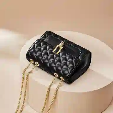 纳兰杜 菱格链条小香风潮流百搭 牛皮拼合成革 斜挎包 小号 女款 黑色/米白色