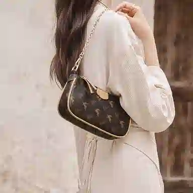 纳兰杜 麋鹿系列 品牌小众复古时尚高级质感麻将包高颜值满印撞色链条设计百搭 合成革 腋下包单肩斜挎包 小号 女款 咖色