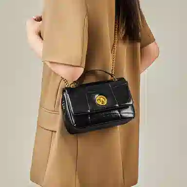 纳兰杜 时尚百搭小众潮流链条包高级质感通勤小方包 牛皮拼合成革 斜挎单肩包腋下包 小号 女款 子夜黑