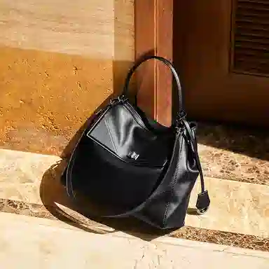 纳兰杜 高级感休闲通勤百搭简约慵懒松弛感 牛皮拼合成革 单肩手提包 中号 女款 绅士黑/米白色/大象灰