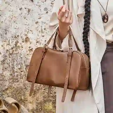 纳兰杜 小众品牌时尚保龄球包洋气百搭高级感通勤 牛皮 手提单肩包 大号 女款 植鞣黑色/植鞣棕色