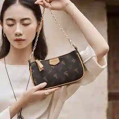 纳兰杜 麋鹿系列 品牌小众复古时尚高级质感麻将包高颜值满印撞色链条设计百搭 合成革 腋下包单肩斜挎包 小号 女款 咖色