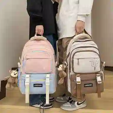 纳兰杜 撞色潮流百搭上课 织物 书包双肩包 大号 男女同款情侣款 奶茶色/酒红色/粉拼蓝