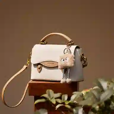 纳兰杜 时尚百搭潮流通勤休闲 牛皮拼合成革 剑桥包单肩斜挎手提包 小号 女款 白拼杏色