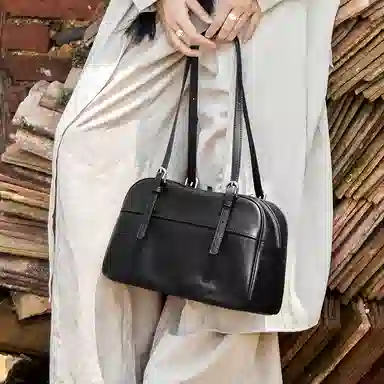 纳兰杜 小众品牌时尚保龄球包洋气百搭高级感通勤 牛皮 手提单肩包 大号 女款 植鞣黑色/植鞣棕色