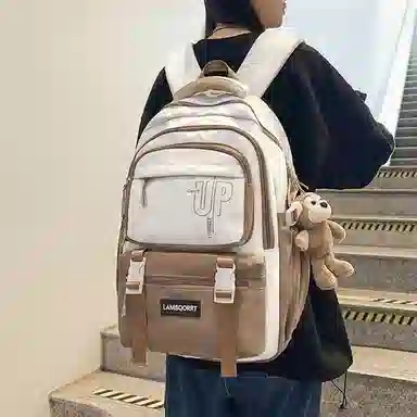 纳兰杜 撞色潮流百搭上课 织物 书包双肩包 大号 男女同款情侣款 奶茶色/酒红色/粉拼蓝