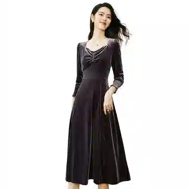 晚白 高腰方领丝绒连衣裙 女款 紫色