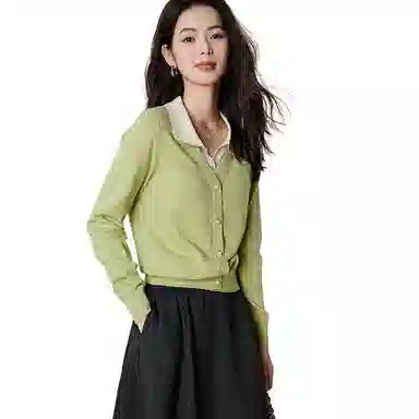 晚白 假两件设计含羊毛高弹力装饰扣针织衫 女款