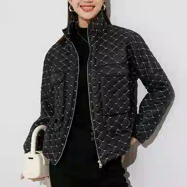 晚白 格子立领休闲长袖棉服 女款 黑色