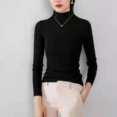 晚白 修身立领长袖休闲打底针织衫 女款 黑色