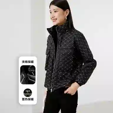 晚白 格子立领休闲长袖棉服 女款 黑色