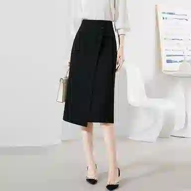 晚白 纯色高腰包臀休闲长裙  女款  黑色