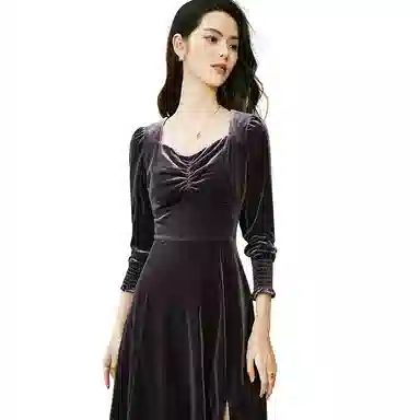 晚白 高腰方领丝绒连衣裙 女款 紫色