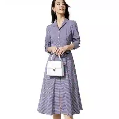 晚白 高腰翻领格纹连衣裙 女款 格子