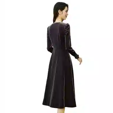 晚白 高腰方领丝绒连衣裙 女款 紫色