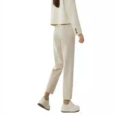 晚白 纯色高腰毛呢直筒休闲裤 女款 杏色