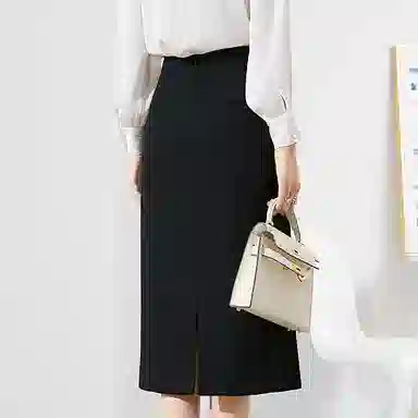 晚白 纯色高腰包臀休闲长裙  女款  黑色