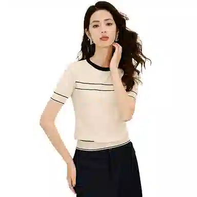 晚白 通勤简约圆领短袖针织衫 女款