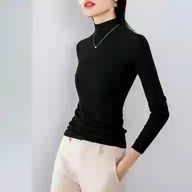 晚白 修身立领长袖休闲打底针织衫 女款 黑色