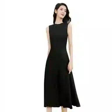 晚白 高腰大摆针织连衣裙 女款 黑色