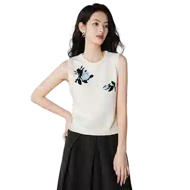 晚白 清新花朵圆领百搭无袖背心针织衫 女款