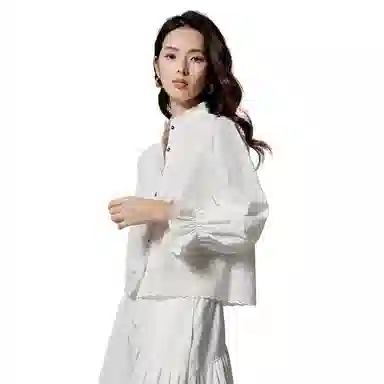 晚白 花边袖法式半高领镂空拼接衬衫 女款