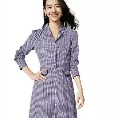 晚白 高腰翻领格纹连衣裙 女款 格子