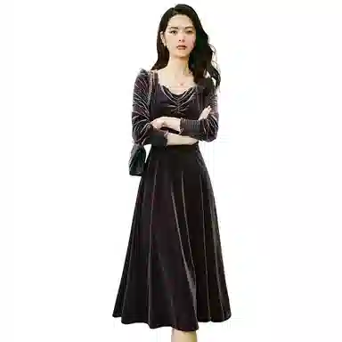 晚白 高腰方领丝绒连衣裙 女款 紫色