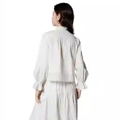 晚白 花边袖法式半高领镂空拼接衬衫 女款