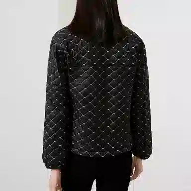 晚白 格子立领休闲长袖棉服 女款 黑色