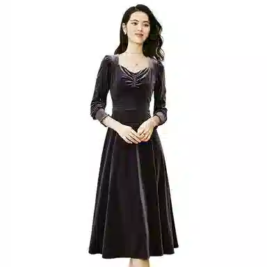 晚白 高腰方领丝绒连衣裙 女款 紫色