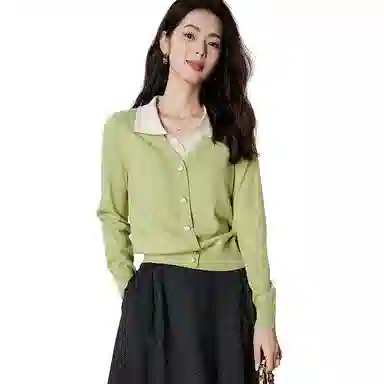 晚白 假两件设计含羊毛高弹力装饰扣针织衫 女款