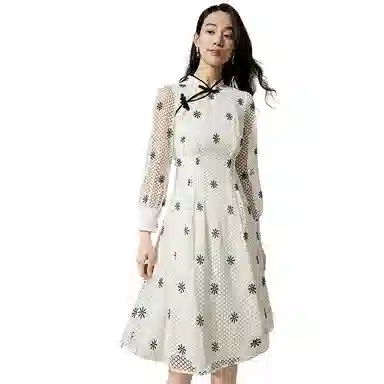 晚白 复古立领印花长袖连衣裙 女款 杏色